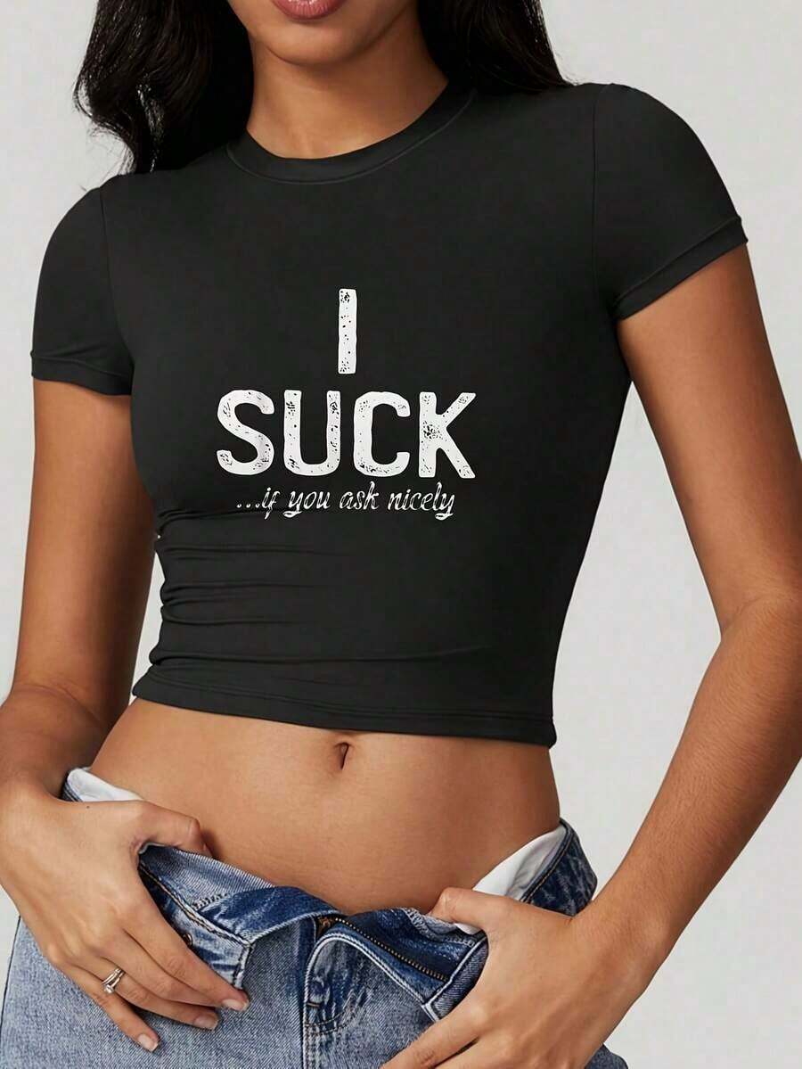 Y2K-Style Women's Cropped T-Shirt Top. Black Short Sleeve Crop Top T-Shirt With White Text "I SUCK...If You Ask Nicely" - 黑色 - 查看 1