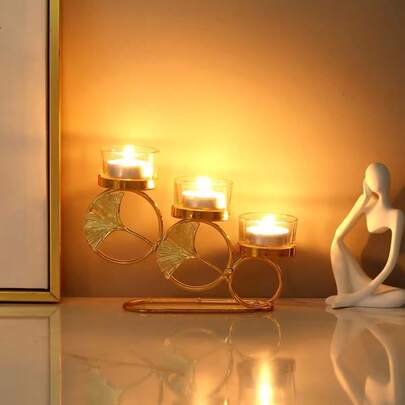 1 pieza Candelabro de 3 brazos redondo, decoración de hoja de ginkgo de hierro para ambiente de mesa, estilo europeo romántico, soporte de vela con hoja de ginkgo pulido, soporte de vela decorativo para el hogar, restaurante, hotel, Ramadán, San Valentín, cita romántica, accesorios de fotografía para cena a la luz de las velas, aniversario de boda, fecha de cumpleaños, decoración para diversas festividades