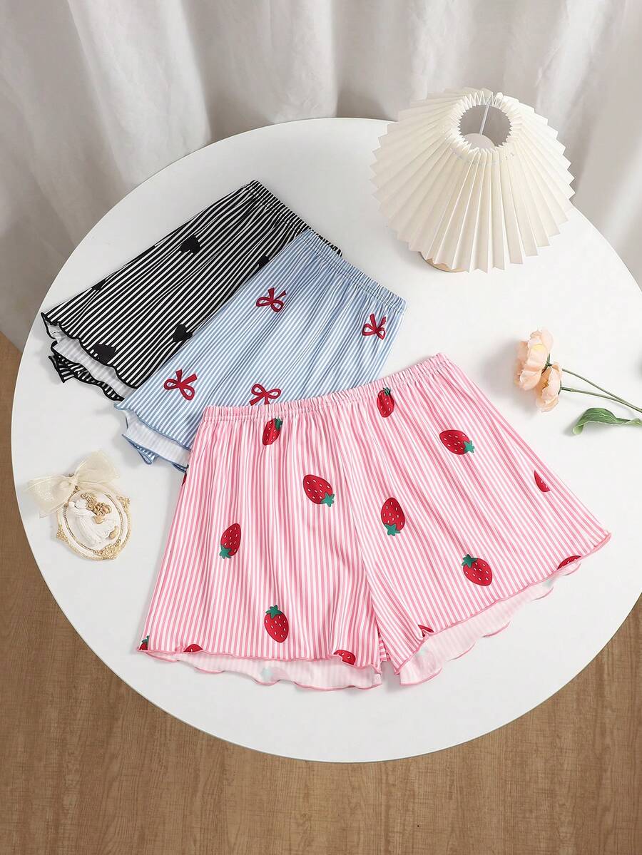 3件套春夏新款甜美少女风草莓印花蝴蝶结睡裤，女士宽松舒适睡衣 - 彩色 - 查看 1