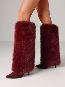 Women's Y2K Furry Fluffy Fold Over Knee High Boots Fashion Pointed Toe Stiletto High Heels Sexy Elegant Faux Fur Long Boots Woman - Da lộn màu đỏ rượu vang - Xem 4