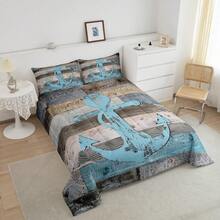 Castle Fairy 3pcs Anchor Nautical  Comforter Set Queen/King Size Fish Hook Lake House Fishing Theme Bedding Set Suitable For Women  Adults Room Decor Wooden Plank Camper  Comforter Blue Rustic Bedding Set 2 Pillowcases - 灰色天藍色 - 查看 5