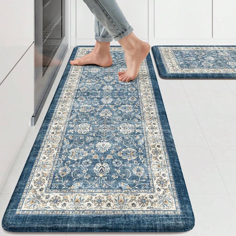 Alfombrillas antifatiga para cocina KIMODE de 17.3 X 47+17.3 X 29, alfombras de cocina estilo bohemio azul, alfombrillas de cocina antideslizantes e impermeables, alfombrilla de espuma vintage para fregadero de cocina, lavandería, escritorio OGHP - Blanco y negro - Ver 1
