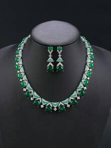 一套三件装奢华立方氧化锆首饰项链耳环套装，时尚个性化项链，可搭配晚礼服，情人节礼物 - 珠寶套裝 - 查看 16