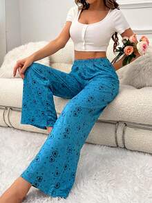 Cotton Women Contrast Colour Heart Pattern Homewear Sleep Bottom Women Pajama Pants Woman Pajama Pants Sleep Pants Lounge Pants Women Pajamas Comfy Pants Heart Print Pajama Pants Comfy Pajama Pants Women Pajama Pants Cute Pajama Pants - Royal Blue - View 4