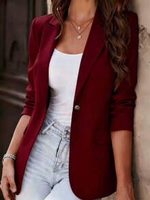 Women's Elegant Long Sleeve Pointed Collar Blazer Jacket, Polyester Fabric, Button Detail, Regular Fit And Length, Non-Stretch Design - Burgundy - View 2