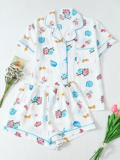 [Elegant Fields]2pcs/Set Comfortable Island Style Shell & Conch Print Short Sleeve Collared Top With Pocket And Bow Shorts Pajama Set For Women