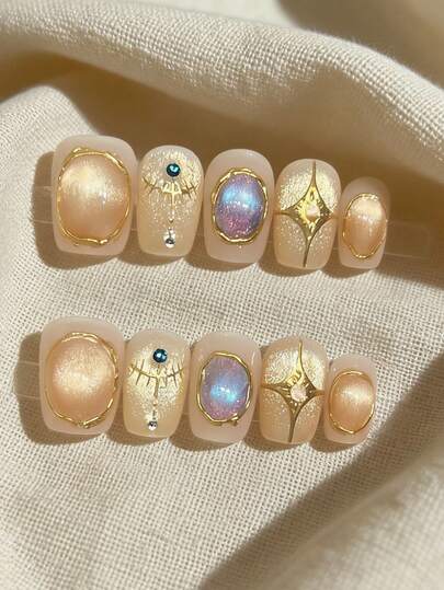 10 PCS Handmade Aurora Cat Eye Press On Nails Glitter Rhinestone Short Square Fake Nails For Daily Wear