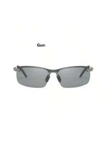 1 Pair Classic Metal Frame Men's Glasses, Half-Frame Design For Driving, Fishing, Cycling, Metal Half-Rim/Rimless Glasses, Suitable For Day And Night, Unisex - Dark Grey - View 2