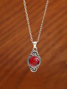 1pc Vintage Bohemian Pomegranate Pendant Necklace, Women's Creative Exquisite Carved Red Personalized Necklace Jewelry Accessory - Multicolor - View 8