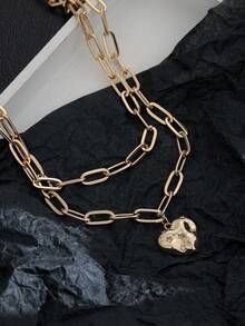 2pcs Copper Ins Hip Hop Metal Style Necklace, Double Layer Collarbones Chain With Zirconia Heart Pendant, For Men - Yellow Gold - View 3
