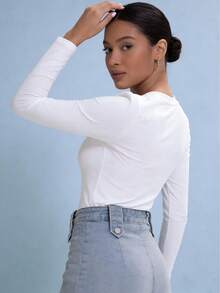 Luueen Women's Long Sleeve Fitted Casual Tops Tee Slim Basic Shirts With Scoop Neck - 白色 - 查看 5