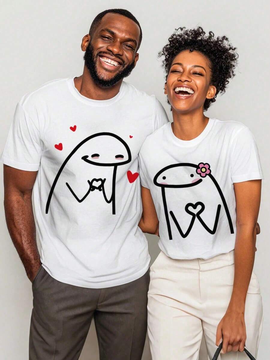 Couple T-Shirt With Heart Pattern - Romantic Couple T-Shirt L0052 - 男款 - 查看 1