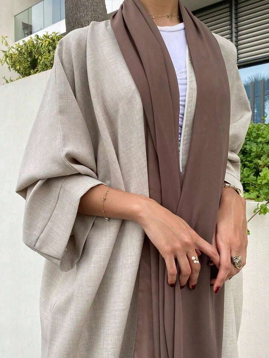 1pc Elegant Casual Minimalist Abaya, Arabian Dubai Fashion Open Front Long Robe Cape Suitable For Daily Wear & Events, Without Headscarf - Khaki - View 1