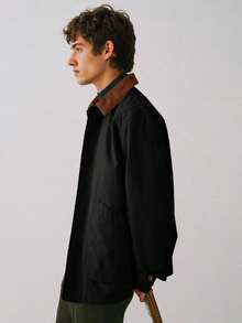 Runcati Men's Spring Vintage Military Cotton Barn Jacket Lightweight Button Down Casual Pockets Outdoor Outwear - 黑色 - 查看 3