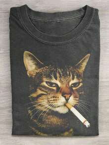 230g Washed Cat Print T-Shirt That Loves Smoking, High-Quality Wax Printed Cotton Retro Fashion Brand T-Shirt, Men's T-Shirt, Beach Must-Have, Men's Summer T-Shirt, Holiday Gift, Perfect Gift,,Graphic Tees,Vintage T Shirts,100 Percent Cotton,Camisetas Para Hombre,,Men Vacation Outfits,Summer Vacation Outfits - 黑色 - 查看 1