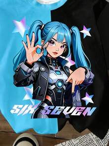 女童休闲时尚彩色K-POP女团字母星星印花T恤，K-POP风格印花服装，彩色卡通人物，黑紫拼接，K-POP粉丝礼物，圆领音乐时尚女童T恤，男女通用SK，姐妹装，适合度假、派对、日常穿着、演唱会、夏季圆领短袖T恤，Y2K风格女童上衣，星光少女衬衫 - 藍色 - 查看 3