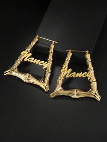 1 Pair Of 7cm Large Hoop Earrings, Customized Name, Text, Personalized Earrings, 18k Gold Fashion Jewelry Stainless Steel, Nameplate Bamboo Earrings - Gold Name Circle - Large Circle Earrings Thanksgiving Christmas - 2.76 Inch - View 13