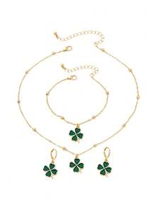 3pcs Green Oil Drop Asymmetrical Beaded Chain Necklace Set, Elegant Jewelry Suitable For Holidays, Parties, And Dates - Green - View 5