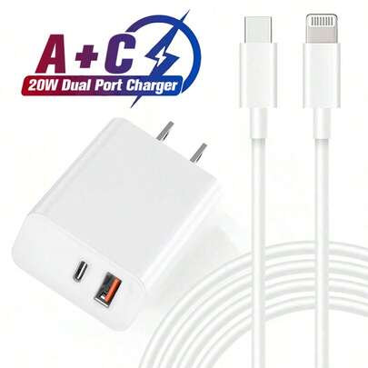 20W快速充电套装[USB A+C双口充电器+100厘米USB/Type C转Lightning数据线] 兼容 14/13/12/11 Pro Max Plus、耳机、平板电脑及其他苹果设备