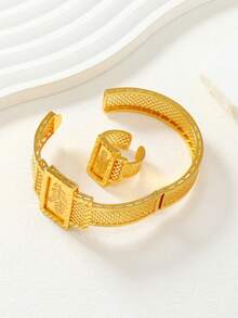 两件套中东斋月优雅镂空玫瑰几何网格拼接手链戒指首饰套装，斋月佳选，精美礼品 - 金黃色 - 查看 5