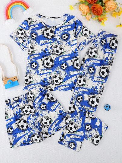 3pcs/Set Boys' Casual Football Graphic Print Round Neck Short Sleeve Pullover & Shorts & Pants Sleepwear Set, Flame Retardant, All Season