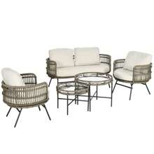 5-Piece Rattan Garden Set With Cushions: 2 Armchairs, 2 Coffee Tables, 1 Two-Seater Sofa, Bohemian Style, For Balcony, Seats 4, Aluminum, Brown - A - View 1