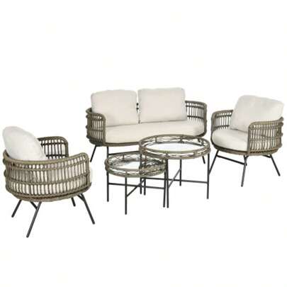 5-Piece Rattan Garden Set With Cushions: 2 Armchairs, 2 Coffee Tables, 1 Two-Seater Sofa, Bohemian Style, For Balcony, Seats 4, Aluminum, Brown