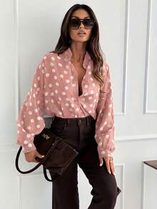 Áo sơ mi nữ thanh lịch chấm bi hồng trắng - Áo tay dài dáng rộng cổ chữ H, cổ đứng hơi xuyên thấu, có thể giặt máy, phù hợp cho mọi mùa, thích hợp cho cả dịp thường nhật và trang trọng (Màu nền hồng, họa tiết chấm bi trắng) Mùa xuân - Hồng - Xem 8