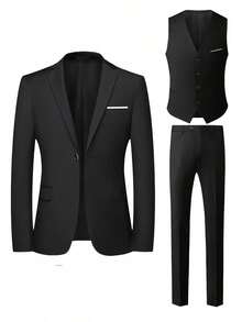 Men's Slim-Fit Black 3-Piece Suit - Elegant Black And White Wedding And Formal Wear, Long Sleeves, Button Closure, Non-Stretch Fabric, Suitable For Office Meetings And Elegant Events All Year Round, Wedding Attire, Slim-Fit Suit - 黑色 - 查看 2