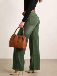 女士带口袋阔腿宽松休闲百搭牛仔裤（春季款） - 軍綠色 - 查看 4