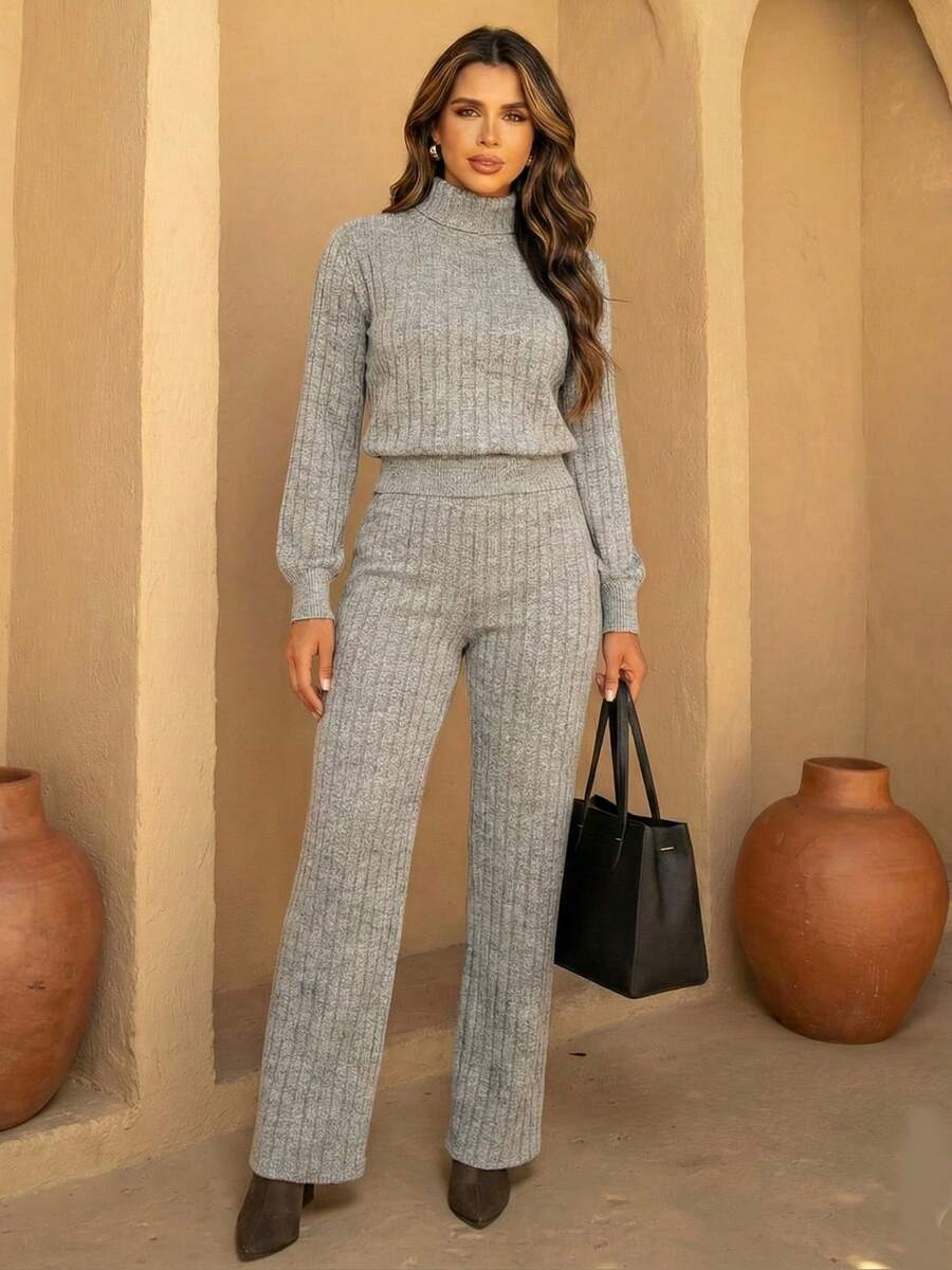 Women's Set Long Sleeve Cold Weather Blouse And High Waist Straight Knit Pants Cold Winter Elegant Fashion REF: Jennifer - Xám - Xem 1