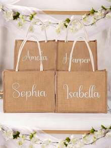 Customized Embroidered Linen Wedding Bag, Personalized Linen Bag, Customized Bridesmaid Gift Bag, Bachelorette Party Gift, Beach Tote Bag, Customized Gift, Student Item Bag, Foldable, Casual Style - Multicolor - View 4
