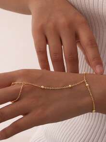 1pc Women's Pearl Chain Finger Ring, Minimalist Fashion Bridal Wedding Hand Decor, Versatile Accessory - Gold - View 2
