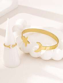 2pcs Minimalist Metal Star & Moon Open Bangle Bracelet And 1pc Creative Minimalist Metal Star & Moon Ring Jewelry Set, Versatile For Daily Wear And Festivals - Yellow Gold - View 1