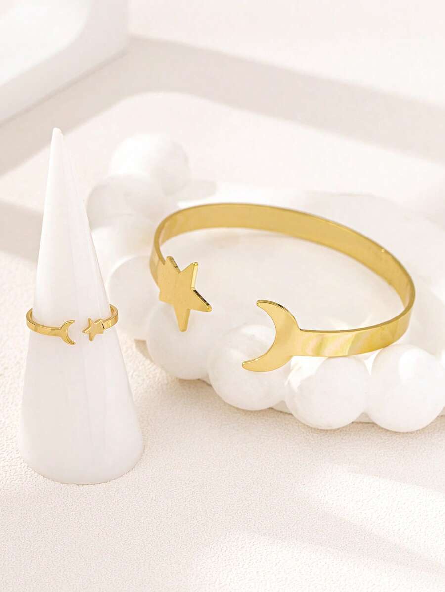 2pcs Minimalist Metal Star & Moon Open Bangle Bracelet And 1pc Creative Minimalist Metal Star & Moon Ring Jewelry Set, Versatile For Daily Wear And Festivals - Yellow Gold - View 1