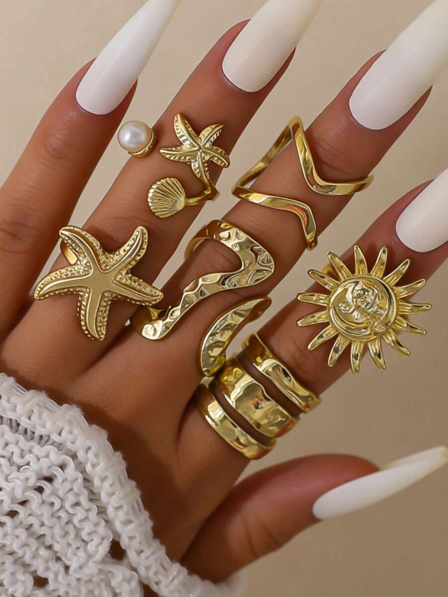 6Pcs Vintage Punk Flower Starfish Rings Set For Women Metal Multilayer Pearl Luxury Knuckle Ring Jewelry Gifts - Yellow Gold - View 1