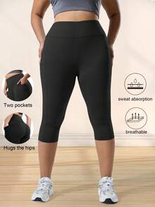 Plus Size Women's High Elasticity Waist Casual Yoga Black 7/8 Leggings, Suitable For Daily Workout - Black - View 4