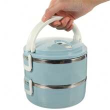 1400ML Double Layer Bento Box Stainless Steel Insulated Lunch Box With Lids And Handles Portable Stackable Metal Round Food Containers For School Work Travel - Baby Blue - View 6