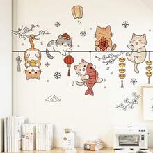 1pc Removable Cat Line Art Wall Decal Sticker - 48012-orange Cat Welcomes Fortune - View 7