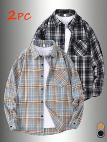 2pcs Casual Loose Flannel Plaid Shirt - Long Sleeve Button Front Chest Pocket Men Outdoor Shirt - Multicolor - View 1