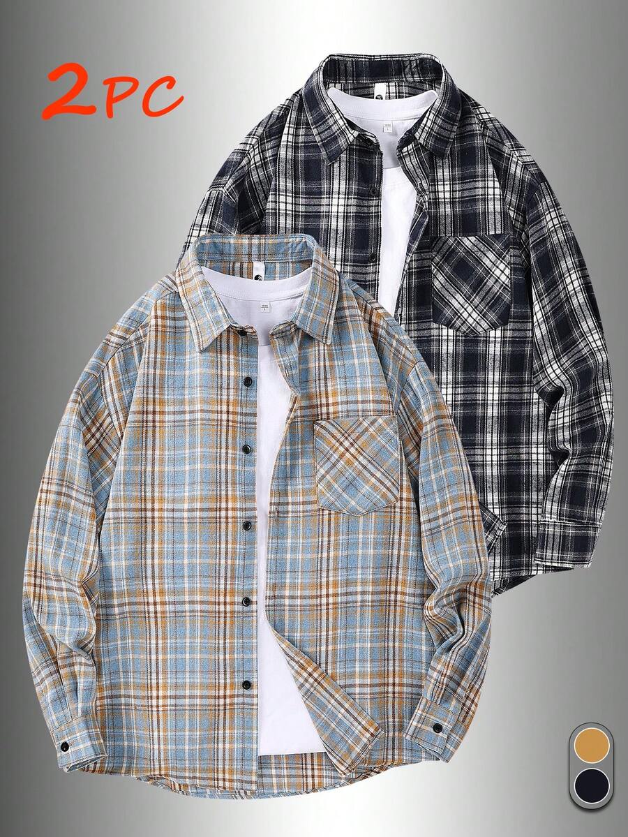 2pcs Casual Loose Flannel Plaid Shirt - Long Sleeve Button Front Chest Pocket Men Outdoor Shirt - Multicolor - View 1