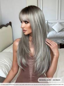 NICKY WALL 24英寸分层灰色女士长直假发，深色发根，高密度蓬松耐热合成纤维，适合日常佩戴和节日派对 - 灰色 - 查看 4