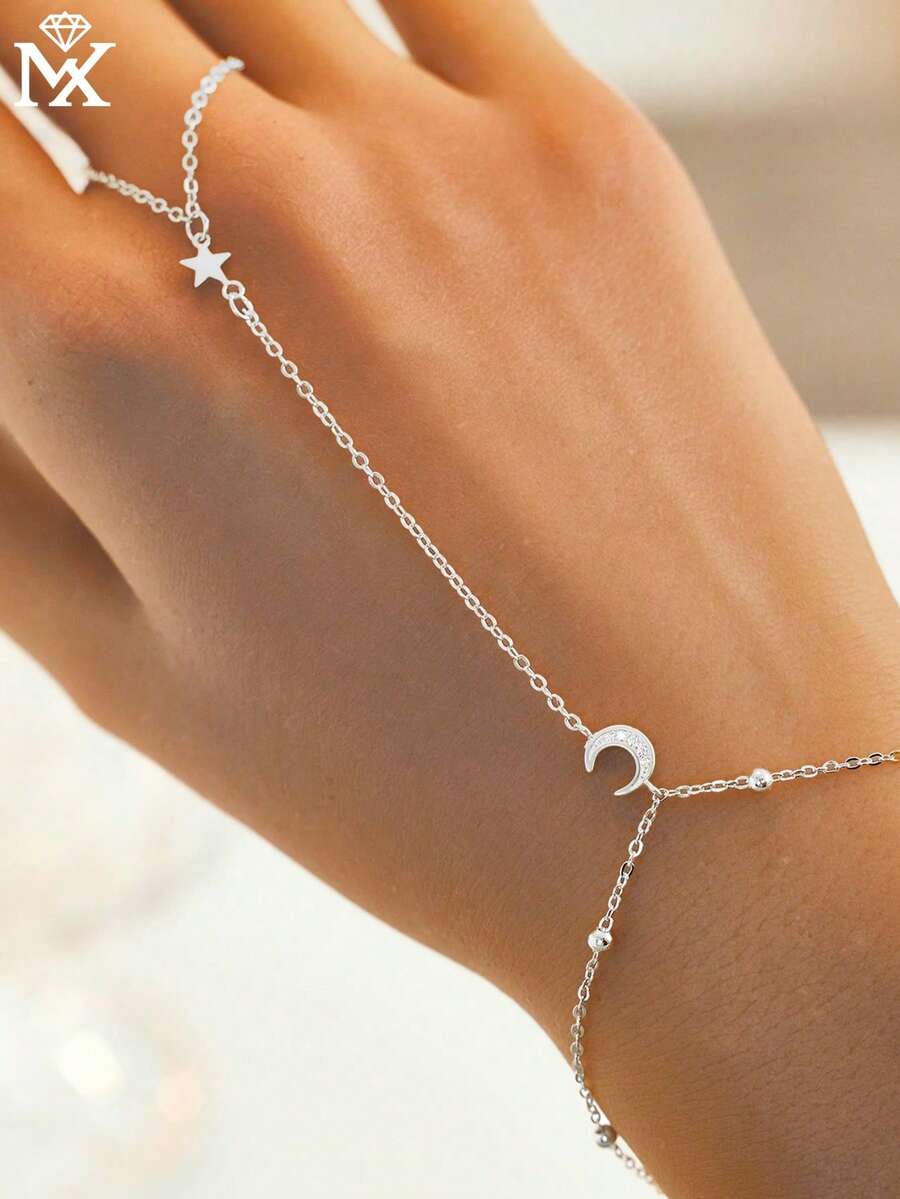 SYMFNY 1件 925纯银极简时尚立方氧化锆星月连指戒指/手链 - 銀色 - 查看 1
