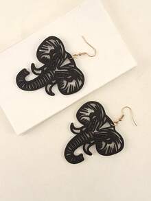 1 Pair Black Hollow Animal Elephant Design Drop Dangle Wooden Earrings, Casual & Unique For Women - Black - View 1
