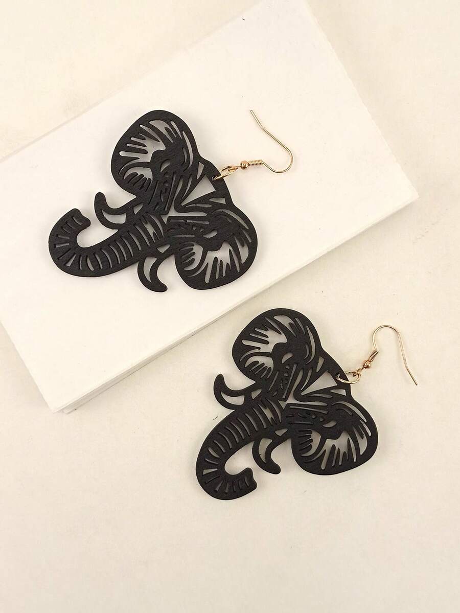 1 Pair Black Hollow Animal Elephant Design Drop Dangle Wooden Earrings, Casual & Unique For Women - Black - View 1