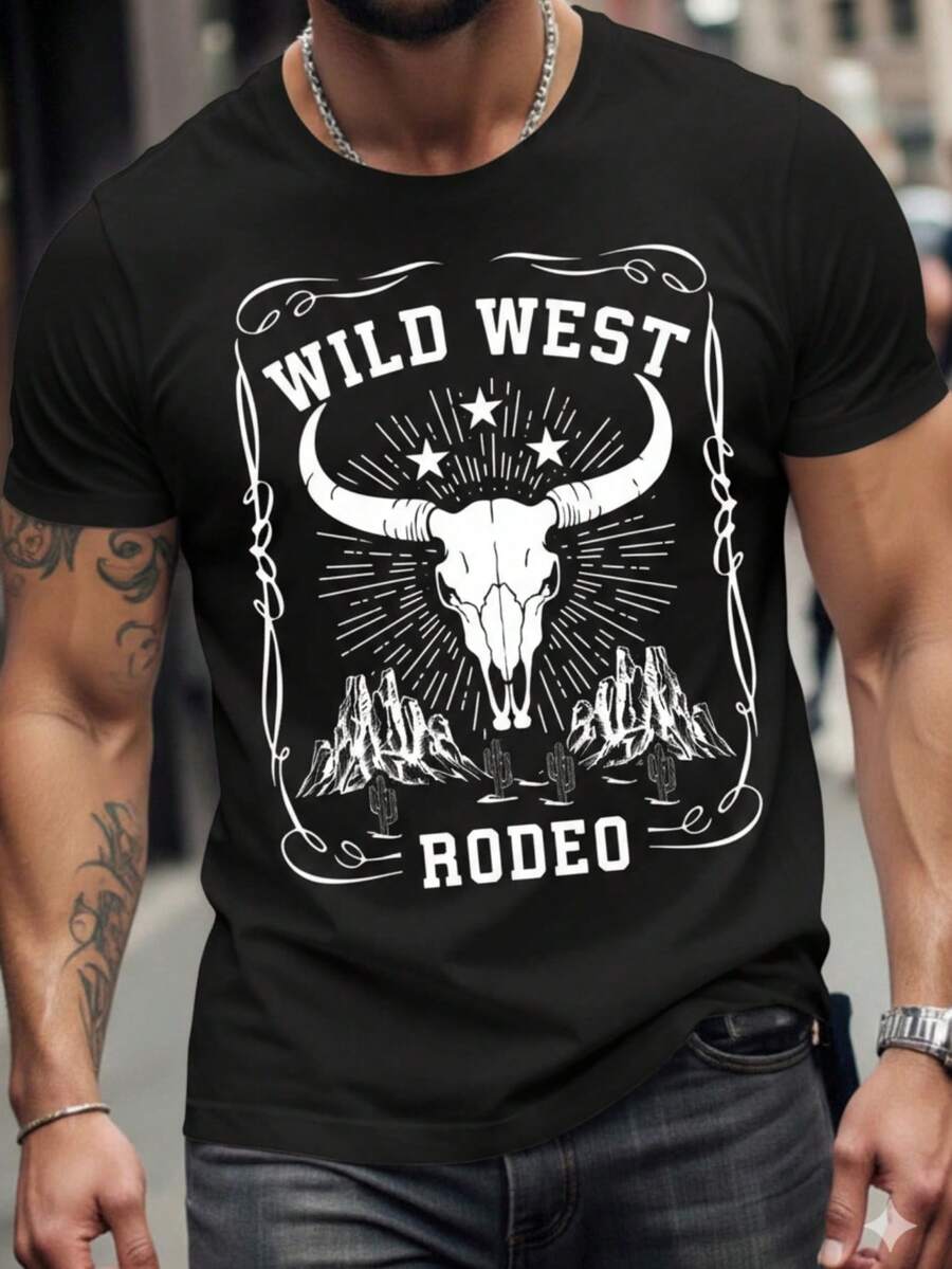 White Or  Tee Wild West Cowboy Bull Skull Graphic Regular Fit Brown T-Shirt For Men - 黑色 - 查看 1
