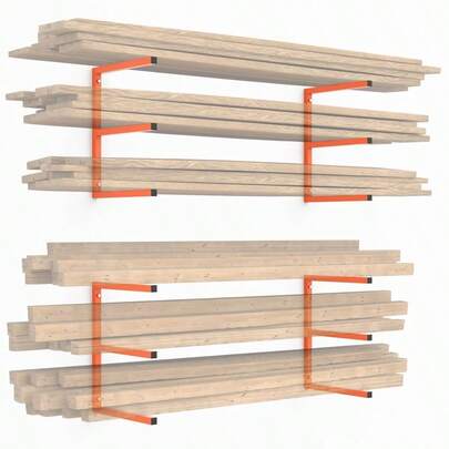 2 pares de estantes de almacenamiento de madera montados en la pared del garaje, diseño de una sola pieza de alta resistencia para el almacenamiento de madera en el taller de carpintería