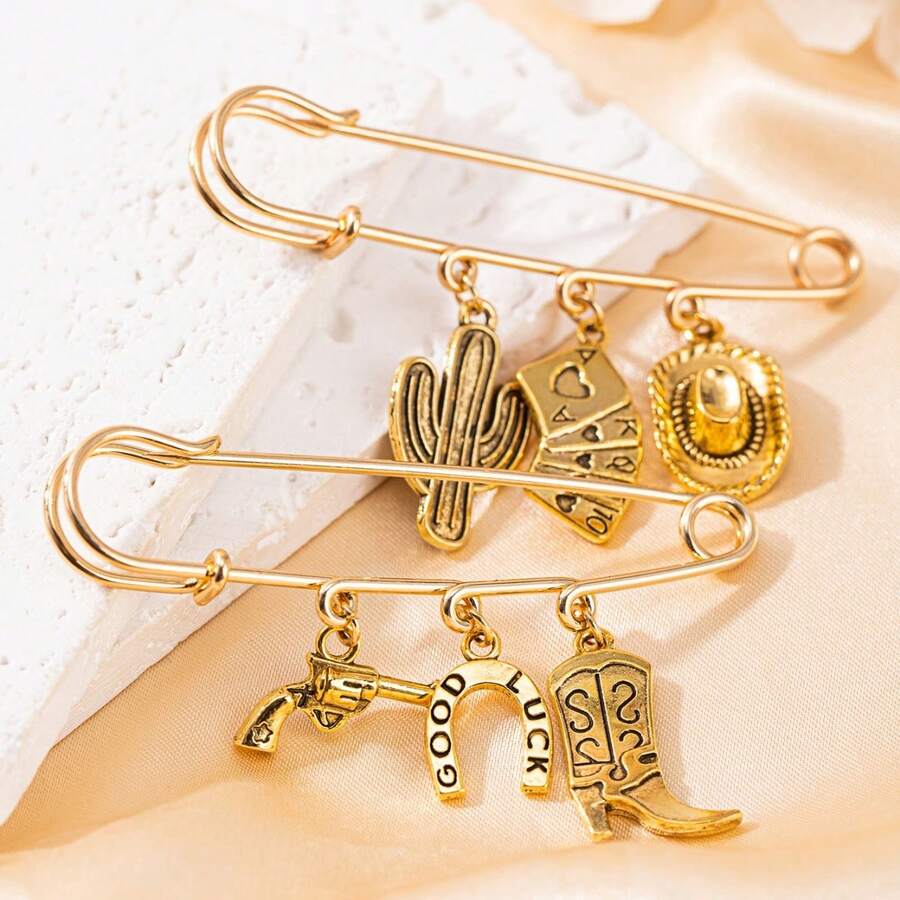 1件西部复古风靴子、帽子、马蹄铁、仙人掌、扑克牌、手枪合金吊坠胸针，创意设计，音乐节派对独特配饰礼品 - 金色 - 查看 1