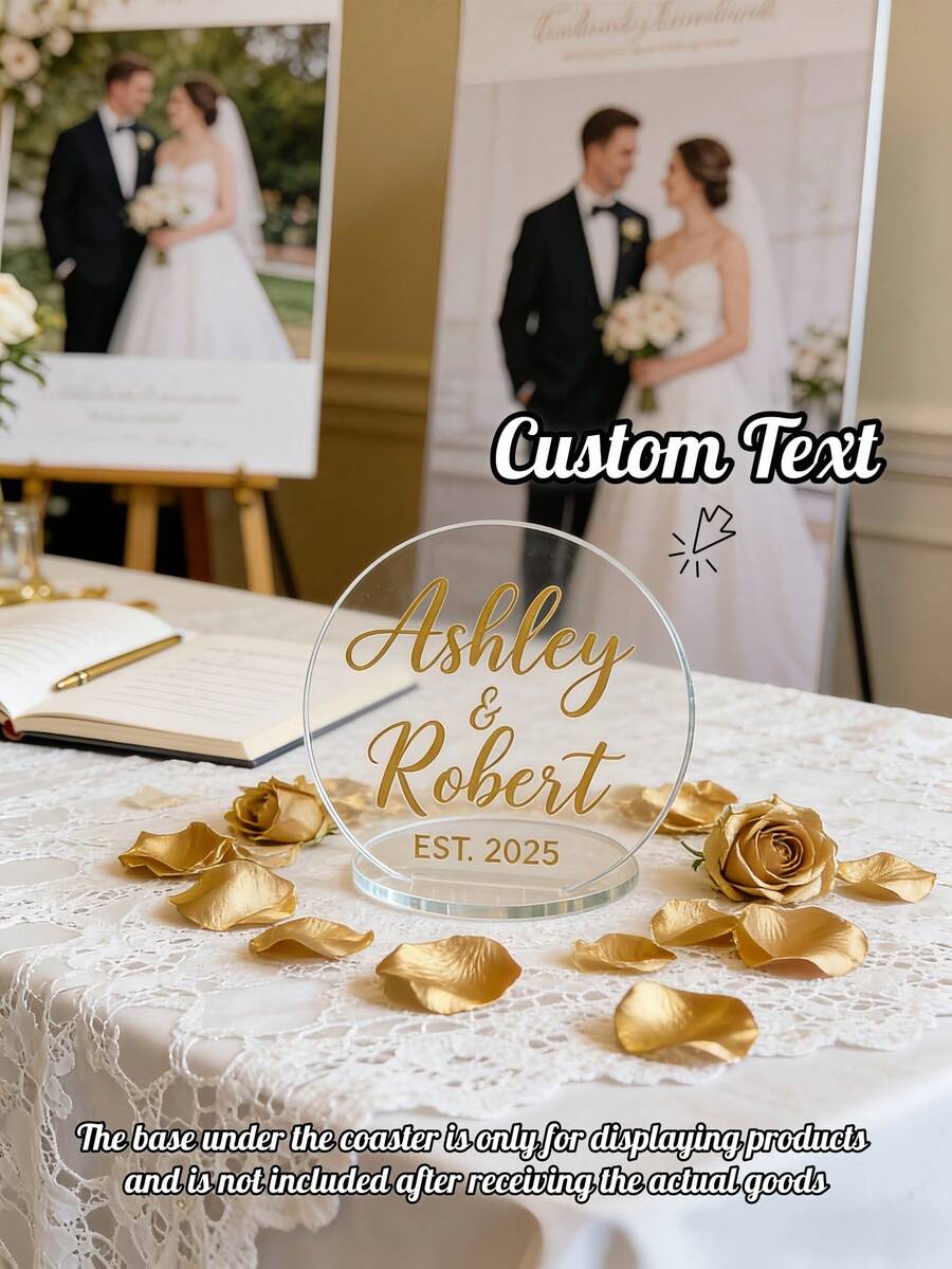 1/10/20Pcs Personalized Acrylic Wedding Coasters – Custom Names With Elegant Cursive Script, Clear Acrylic Drink Coasters, Wedding Reception Party Favors, Stylish Table Decor & Memorable Wedding Keepsake - Multicolor - View 1