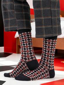 1/5 pares de calcetines de algodón peinado con diseño artístico geométrico de diamantes y círculos, unisex, adecuados para uso diario casual, viajes, hogar, oficina, regalos festivos, sin costuras en los dedos - Multicolor - Ver 11